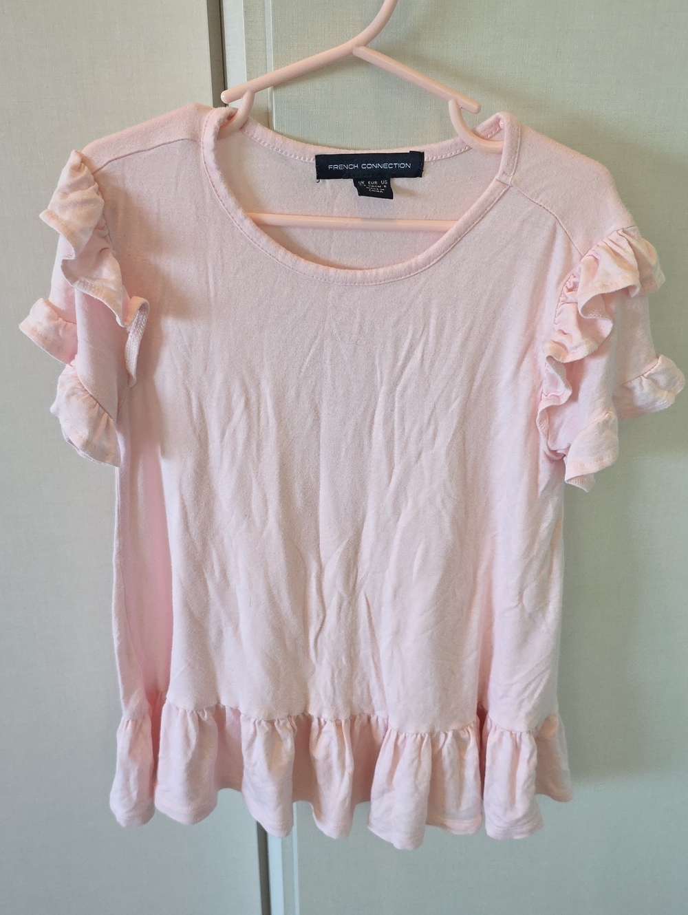 French Connection Pale Pink Ruffle Sleeve Peplum Top